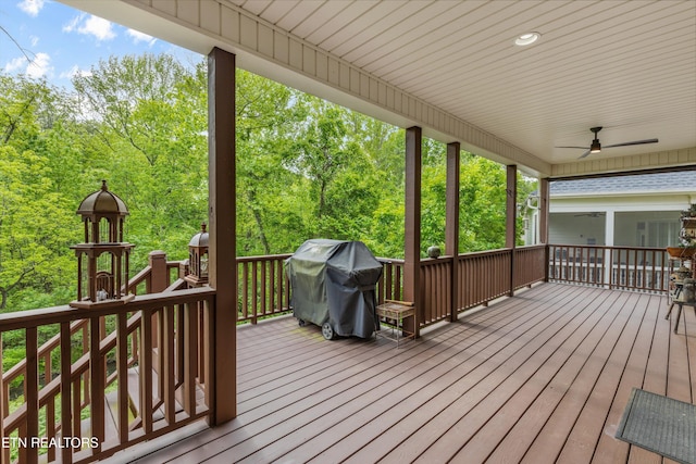 462 Chapel Grove Ln, Knoxville, TN 37934 - wooden deck with grilling area, ceiling fan, and a sunroom