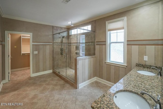462 Chapel Grove Ln, Knoxville, TN 37934 - bathroom with ornamental molding, a stall shower, and double vanity