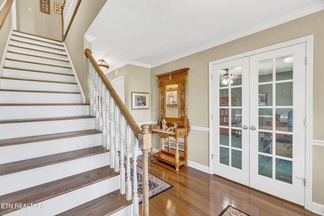 1182 Murrell Rd, Morristown, TN 37814 - staircase featuring french doors, wood finished floors, crown molding, a ceiling fan, and baseboards