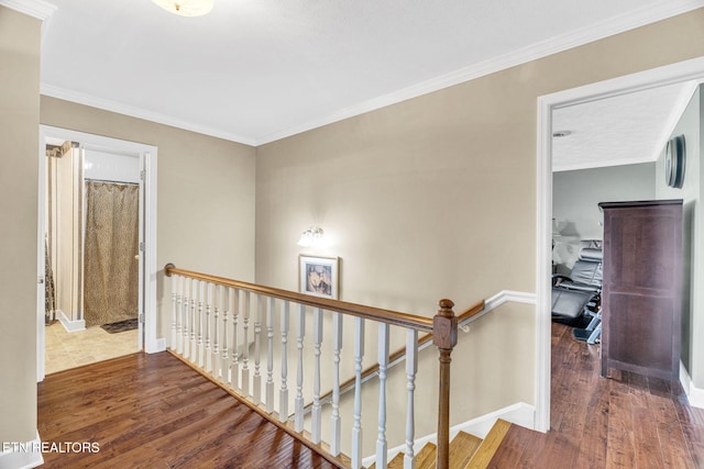 1182 Murrell Rd, Morristown, TN 37814 - corridor with an upstairs landing, wood finished floors, crown molding, and baseboards