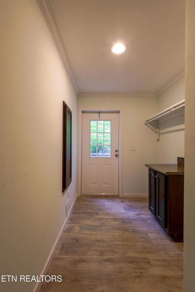 915 Yellow Breeches Rd, Cosby, TN 37722 - doorway to outside with crown molding, dark wood finished floors, baseboards, and recessed lighting