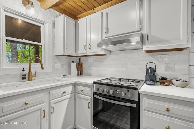 kitchen featuring stainless steel electric range, range hood, a sink, wood ceiling, and white cabinets