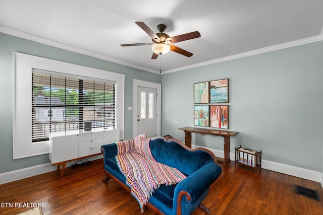 1735 NE Albert Ave, Knoxville, TN 37917 - living area featuring ceiling fan, wood finished floors, baseboards, and ornamental molding