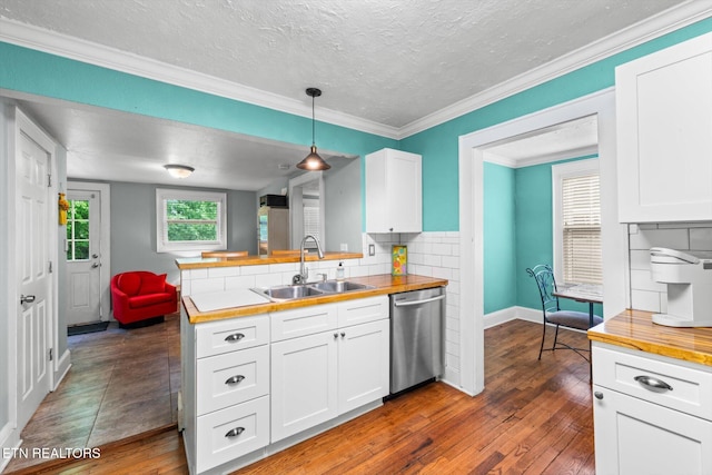 1735 NE Albert Ave, Knoxville, TN 37917 - kitchen with dishwasher, a sink, wood counters, a peninsula, and dark wood-type flooring