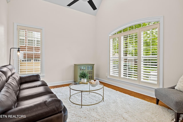 12618 Hunters Creek Ln, Knoxville, TN 37922 - living room with a ceiling fan, plenty of natural light, vaulted ceiling, and baseboards