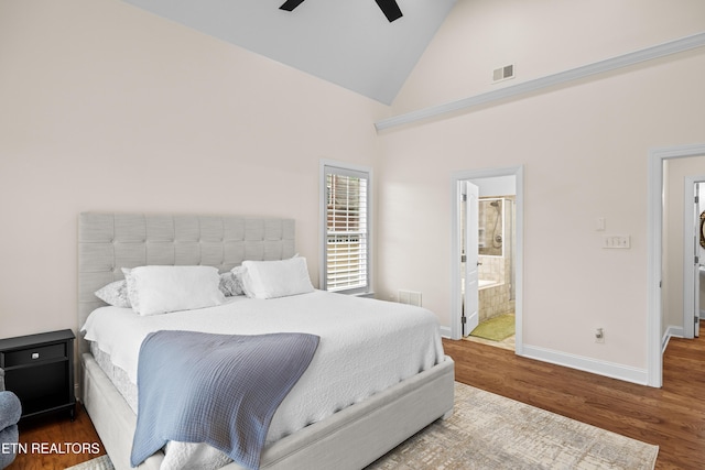 12618 Hunters Creek Ln, Knoxville, TN 37922 - bedroom featuring high vaulted ceiling, baseboards, wood finished floors, connected bathroom, and a ceiling fan
