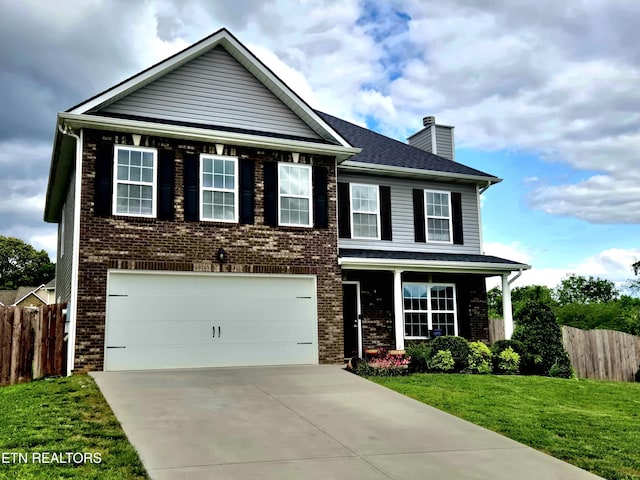 craftsman-style home with a chimney, driveway, an attached garage, brick siding, and a porch