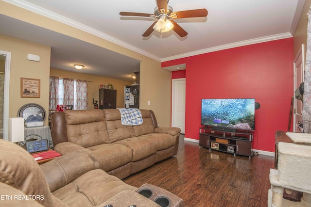 146 Prospect Rd, Maynardville, TN 37807 - living area featuring wood finished floors, ornamental molding, ceiling fan, and baseboards