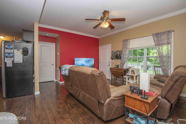 146 Prospect Rd, Maynardville, TN 37807 - living area with a ceiling fan, wood finished floors, crown molding, and baseboards
