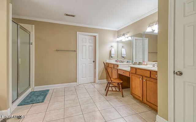 515 Oak Landing Ln Unit 4, Knoxville, TN 37934 - full bathroom featuring crown molding, a shower with door, double vanity, tile patterned floors, and baseboards