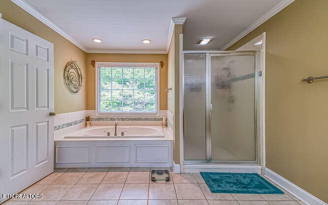 515 Oak Landing Ln Unit 4, Knoxville, TN 37934 - full bathroom featuring crown molding, tile patterned floors, a stall shower, a garden tub, and recessed lighting