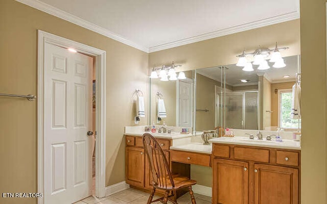 515 Oak Landing Ln Unit 4, Knoxville, TN 37934 - full bathroom featuring a stall shower, vanity, crown molding, tile patterned flooring, and baseboards