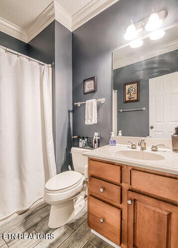 515 Oak Landing Ln Unit 4, Knoxville, TN 37934 - full bath with ornamental molding, toilet, wood tiled floors, vanity, and curtained shower