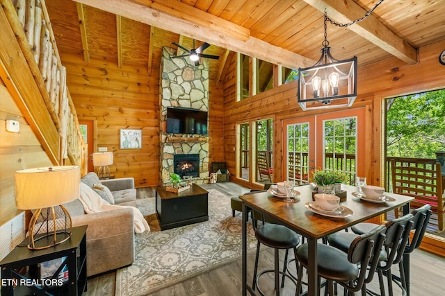 living area with wooden ceiling, wooden walls, wood finished floors, a fireplace, and a chandelier