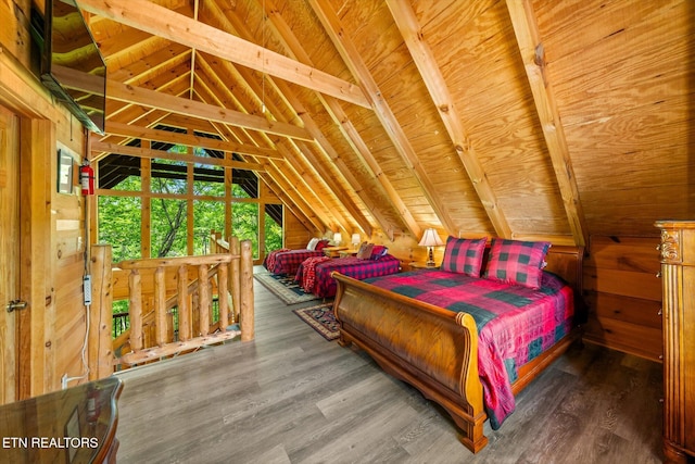 bedroom with wood finished floors and wood ceiling