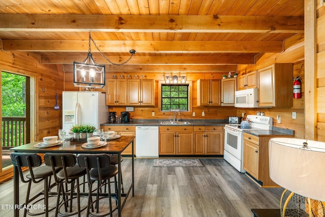 kitchen featuring white appliances, a sink, plenty of natural light, wood ceiling, and wooden walls