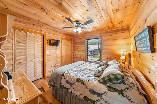 bedroom featuring wooden ceiling, wood finished floors, wood walls, and ceiling fan