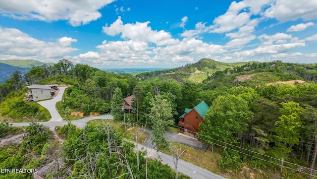 view from above of property with a forest and a mountain backdrop