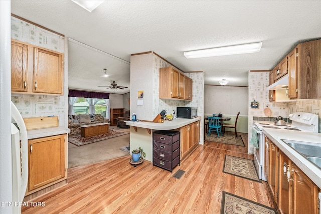 kitchen with white range with electric stovetop, stainless steel microwave, light wood-type flooring, under cabinet range hood, and light countertops