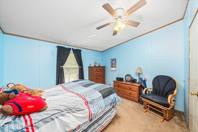 bedroom with ornamental molding, light colored carpet, ceiling fan, vaulted ceiling, and a textured ceiling