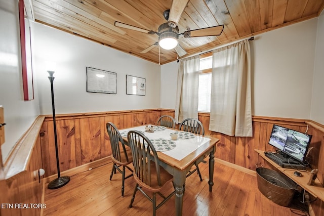 dining space with wooden ceiling, a wainscoted wall, ceiling fan, wood walls, and light wood-style flooring