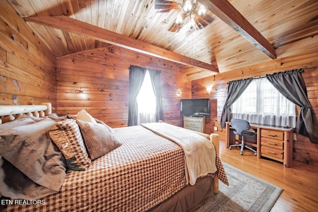 bedroom featuring wood walls, wooden ceiling, wood finished floors, and a desk