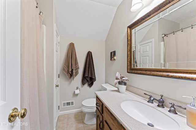 9945 Tierra Verde Dr, Knoxville, TN 37922 - bathroom featuring vaulted ceiling, toilet, vanity, tile patterned flooring, and a textured ceiling
