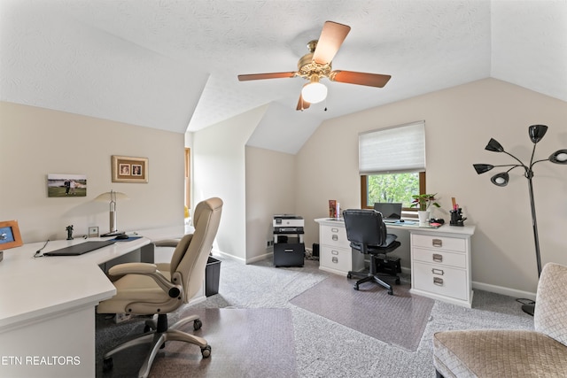 9945 Tierra Verde Dr, Knoxville, TN 37922 - office area with lofted ceiling, light colored carpet, ceiling fan, baseboards, and a textured ceiling