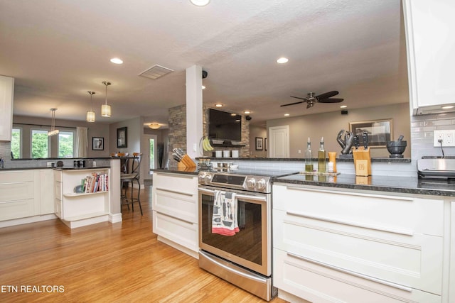 409 Celebration Rd, Knoxville, TN 37934 - kitchen with electric range, tasteful backsplash, recessed lighting, light wood-type flooring, and open shelves