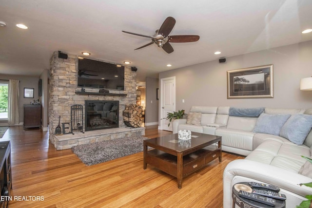 409 Celebration Rd, Knoxville, TN 37934 - living area featuring ceiling fan, light wood finished floors, a fireplace, baseboards, and recessed lighting