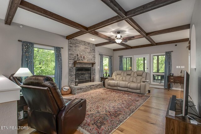 401 Shawnee Pl, Loudon, TN 37774 - living room with healthy amount of natural light, a ceiling fan, beam ceiling, wood finished floors, and a fireplace