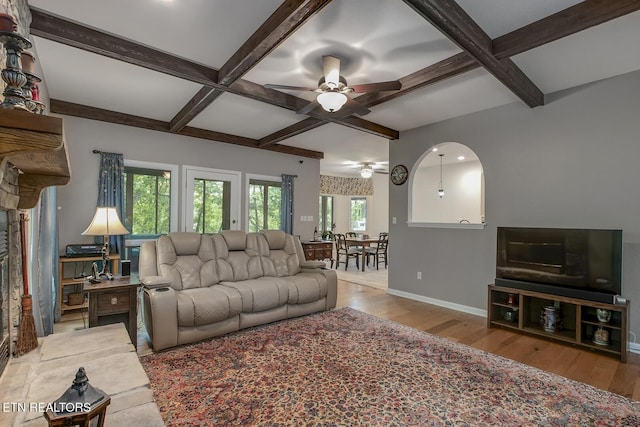401 Shawnee Pl, Loudon, TN 37774 - living room featuring coffered ceiling, a ceiling fan, wood finished floors, beamed ceiling, and baseboards