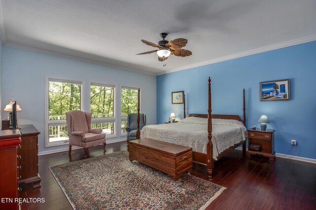 401 Shawnee Pl, Loudon, TN 37774 - bedroom featuring dark wood-type flooring, multiple windows, ornamental molding, baseboards, and a ceiling fan