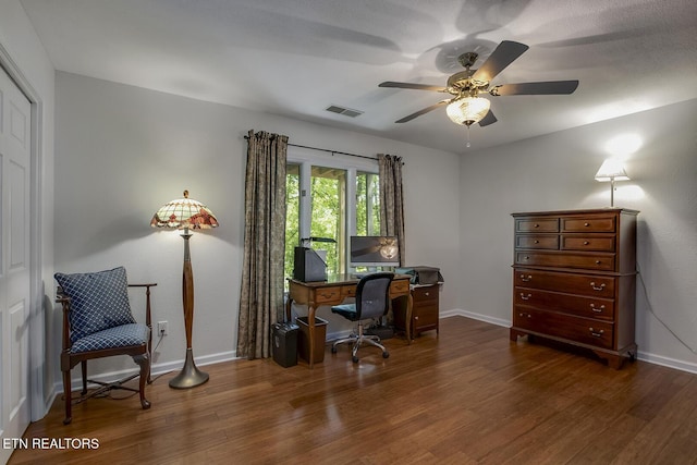 401 Shawnee Pl, Loudon, TN 37774 - office space featuring dark wood-type flooring, baseboards, and ceiling fan