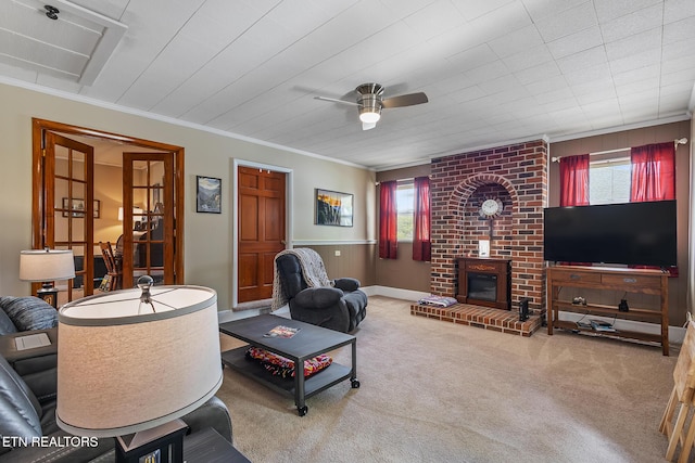 513 Long Mill Rd, Athens, TN 37303 - carpeted living room featuring healthy amount of natural light, ceiling fan, crown molding, and a brick fireplace