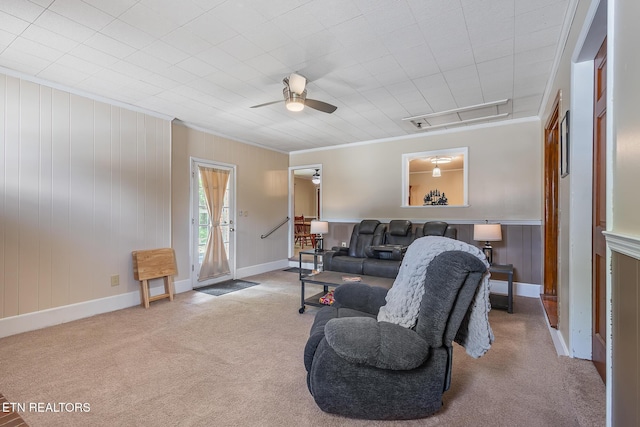 513 Long Mill Rd, Athens, TN 37303 - carpeted living room featuring ceiling fan, ornamental molding, and attic access