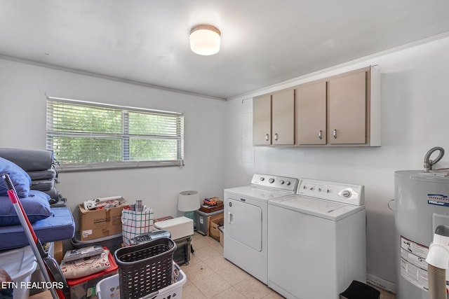 513 Long Mill Rd, Athens, TN 37303 - laundry room featuring electric water heater, washer and dryer, cabinet space, and ornamental molding