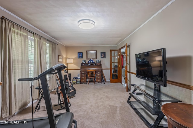 513 Long Mill Rd, Athens, TN 37303 - exercise room featuring carpet, french doors, and ornamental molding