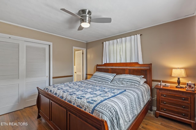 513 Long Mill Rd, Athens, TN 37303 - bedroom featuring a closet, wood finished floors, ornamental molding, and a ceiling fan