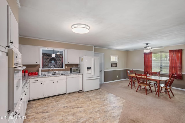 513 Long Mill Rd, Athens, TN 37303 - kitchen featuring white appliances, white cabinetry, ceiling fan, and light stone counters