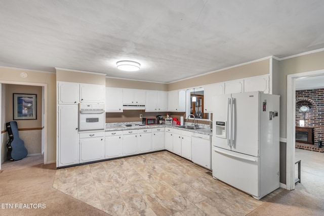 513 Long Mill Rd, Athens, TN 37303 - kitchen featuring white appliances, white cabinetry, light countertops, under cabinet range hood, and crown molding