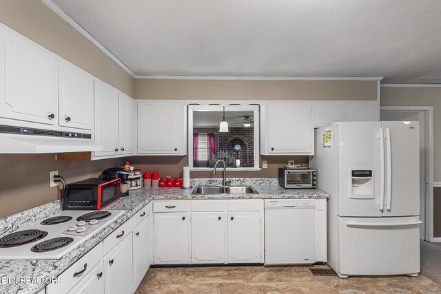 513 Long Mill Rd, Athens, TN 37303 - kitchen featuring white appliances, under cabinet range hood, white cabinetry, and ornamental molding