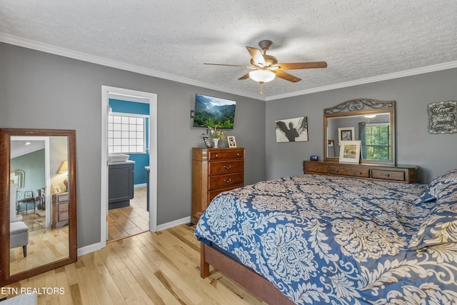 3083 Waters Edge Dr, Morristown, TN 37814 - bedroom with light wood-style flooring, a textured ceiling, ornamental molding, baseboards, and ceiling fan
