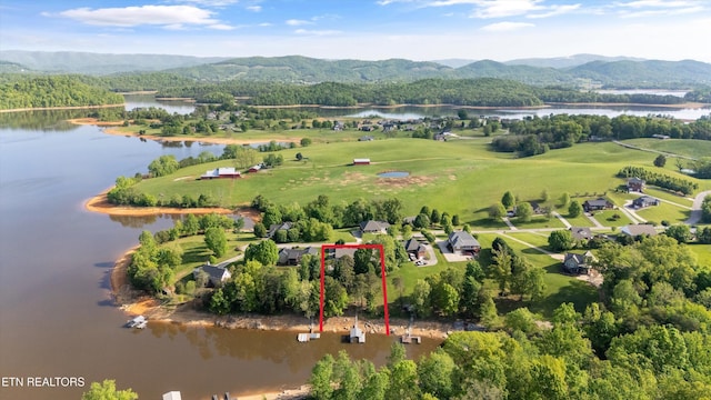 3083 Waters Edge Dr, Morristown, TN 37814 - aerial view of property and surrounding area featuring a water and mountain view, property boundaries highlighted, and a forest