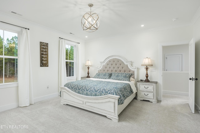 819 NW Morgan Rd, Charleston, TN 37310 - bedroom with carpet floors, crown molding, a chandelier, and baseboards