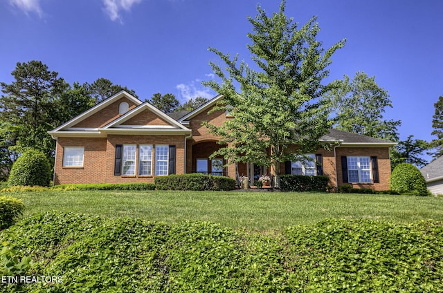 view of front of house featuring brick siding and a front yard