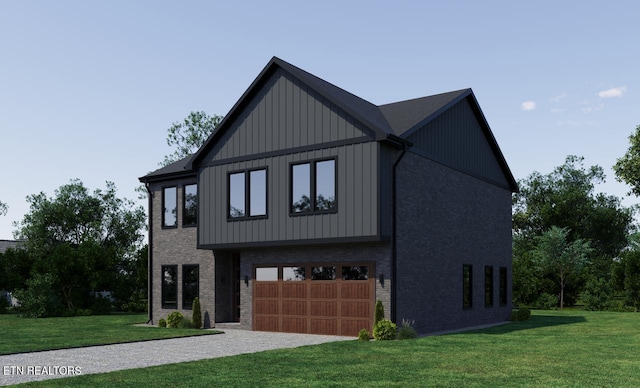 7814 S Northshore Dr, Knoxville, TN 37919 - modern inspired farmhouse with a front yard, brick siding, driveway, a garage, and board and batten siding