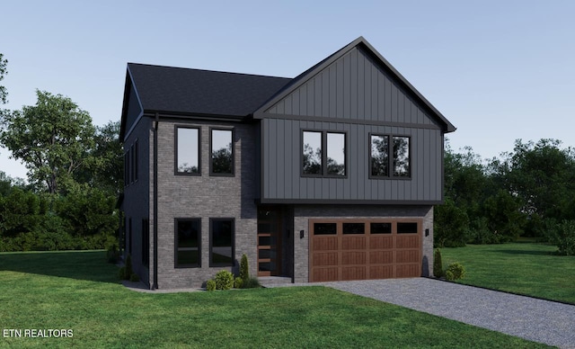 7814 S Northshore Dr, Knoxville, TN 37919 - modern inspired farmhouse with brick siding, a front lawn, an attached garage, and board and batten siding