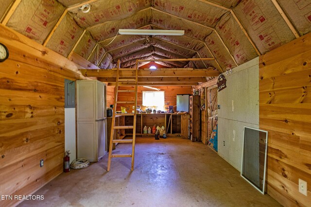 776 Salem Valley Rd, Ten Mile, TN 37880 - misc room with concrete floors, vaulted ceiling, and electric panel