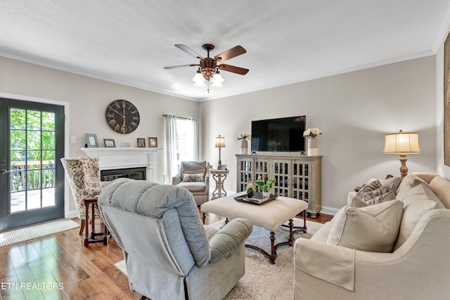 714 Cambridge Crest Ln, Knoxville, TN 37919 - living room with light wood-style floors, a ceiling fan, crown molding, and a glass covered fireplace